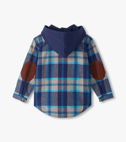 Back view of blue plaid woven flannel hoodie with navy hood and brown elbow patches