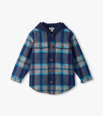 Boys Blue Plaid Woven Flannel Hoodie
