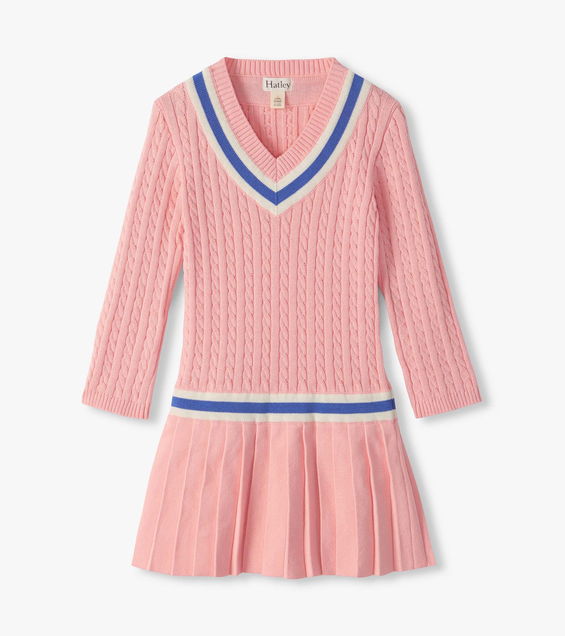 Pink cable knit dress with long sleeves, V-neck striped trim, and pleated skirt