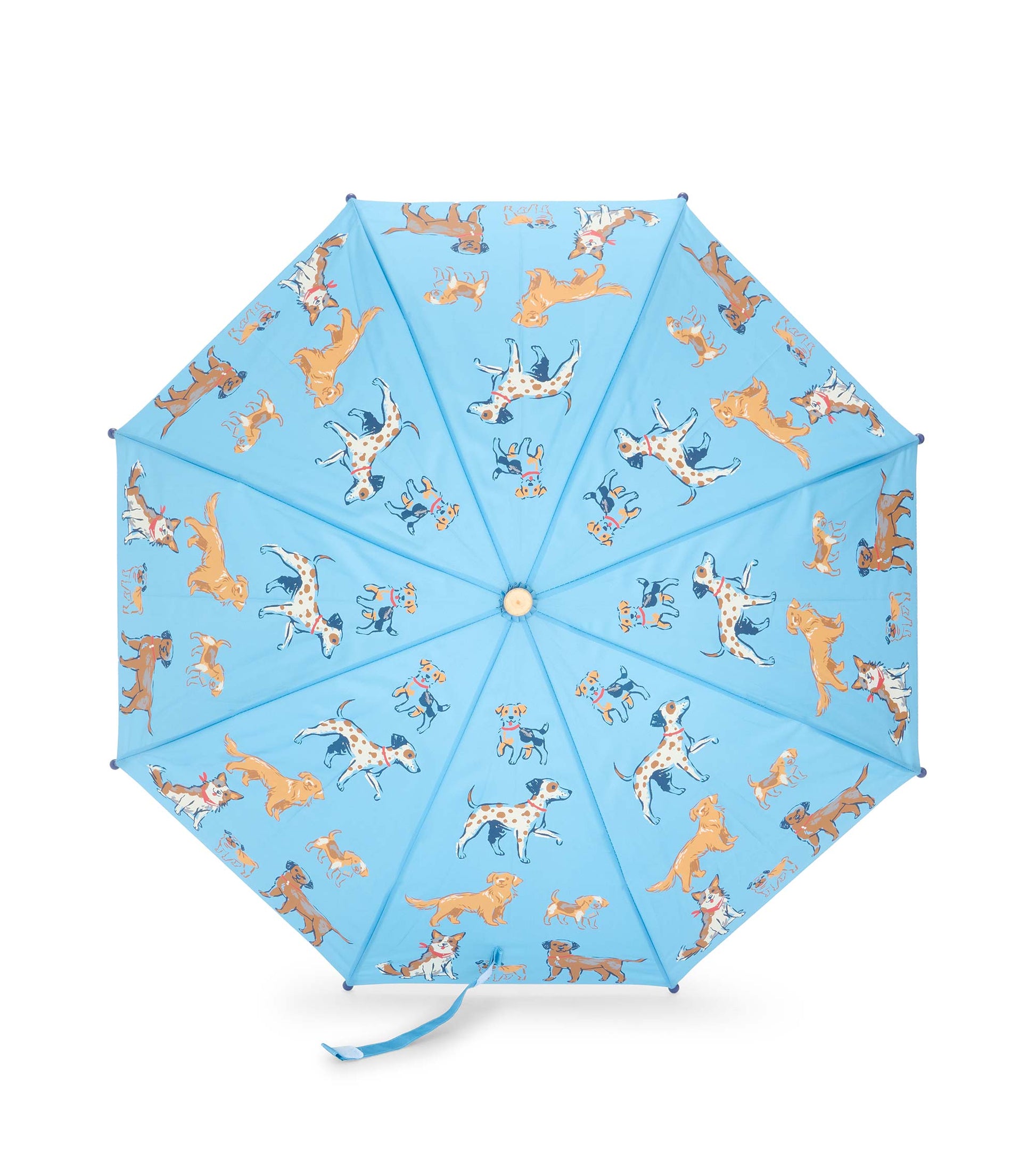 Top view of open blue umbrella with assorted playful dog illustrations across the canopy