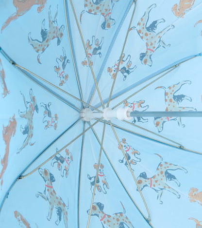 Interior view of blue umbrella showing metal ribs and dog print on the underside