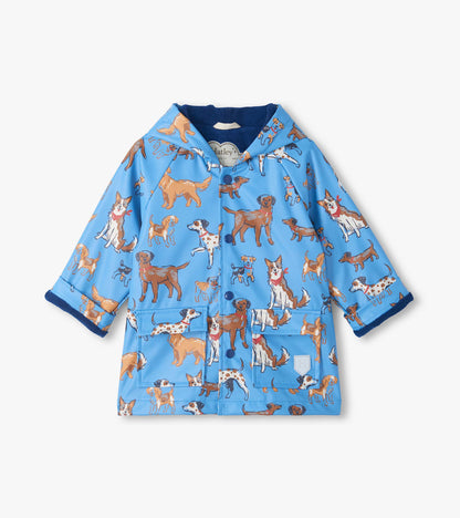 Front view of blue snap rain coat with hood, flap pockets, and allover dog print