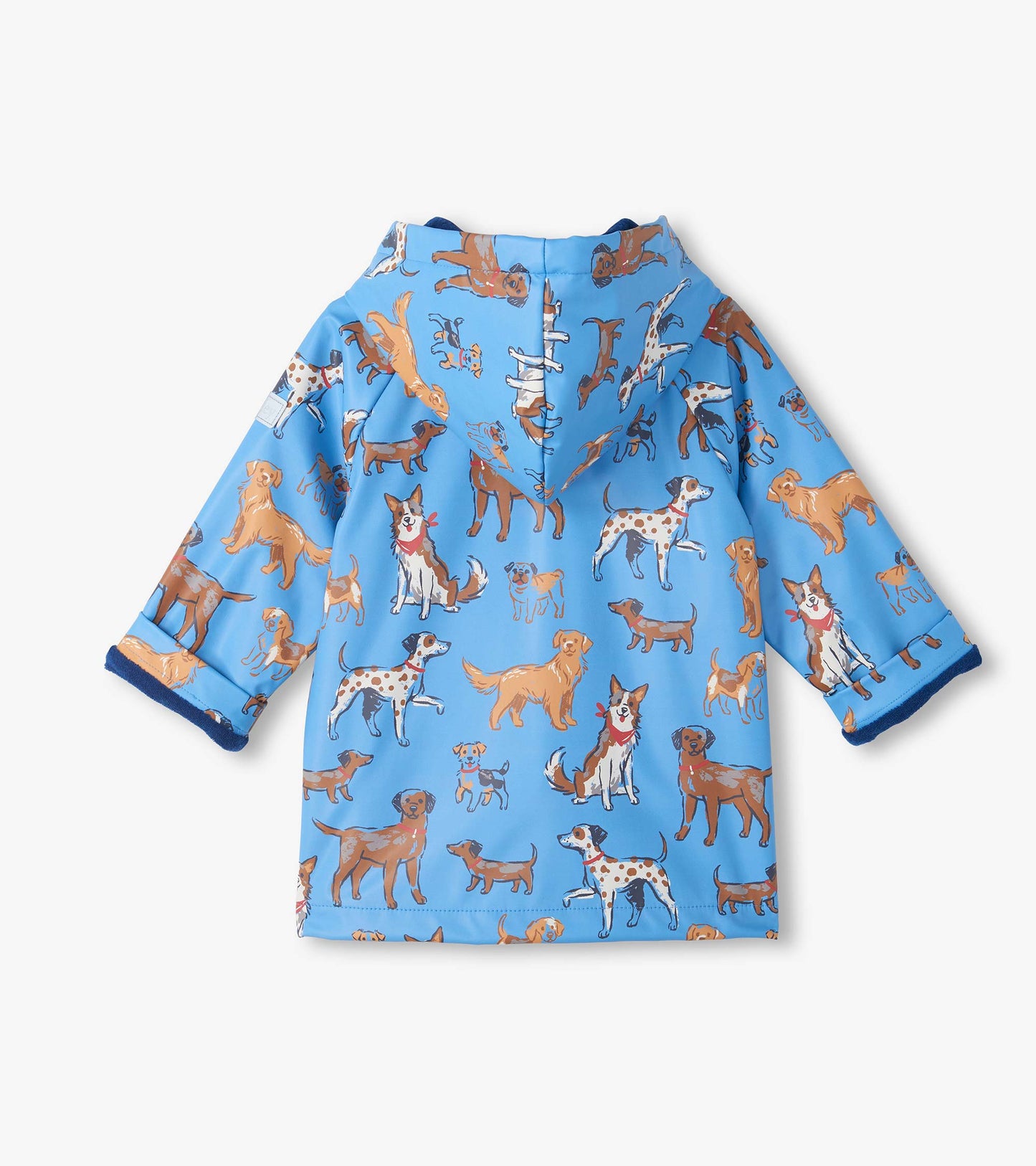 Back view of blue hooded rain coat with allover dog print and blue lining at cuffs