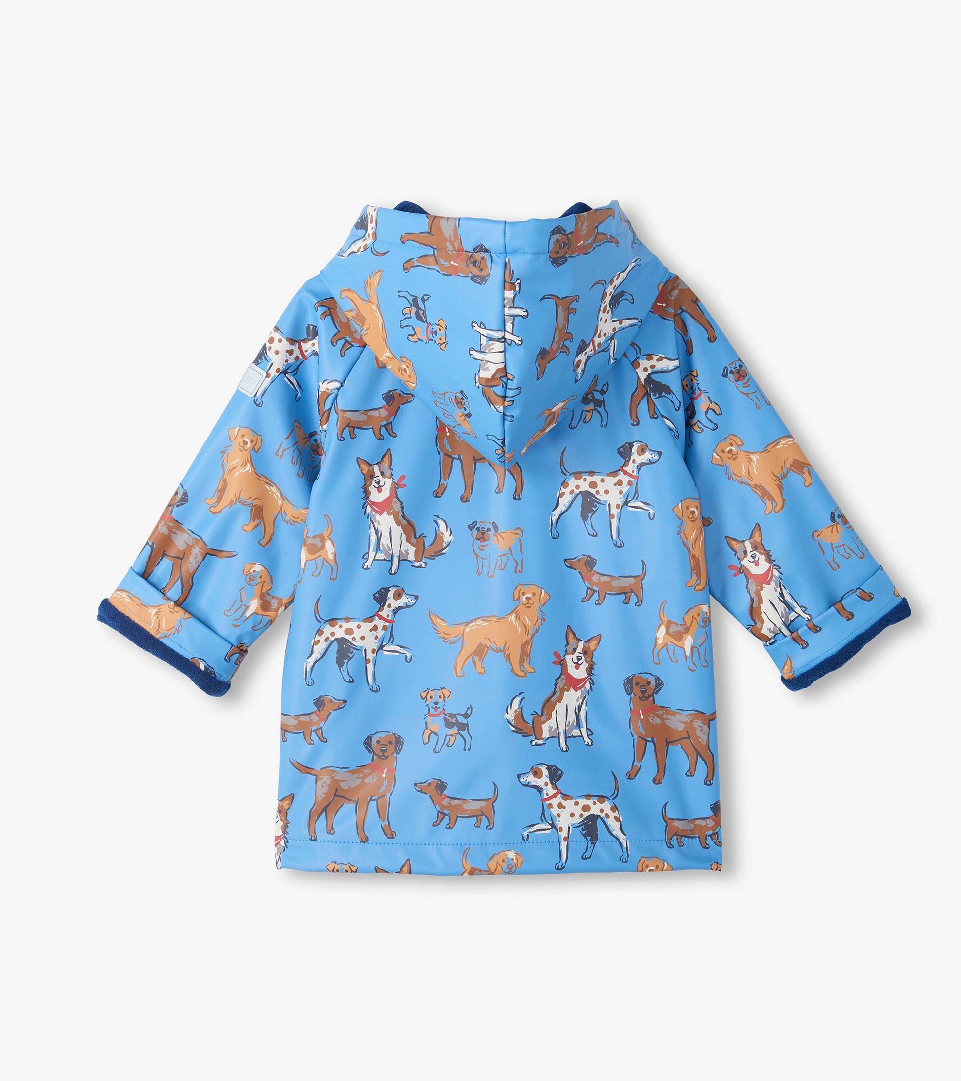 Back view of blue hooded rain coat with allover dog print and blue lining at cuffs
