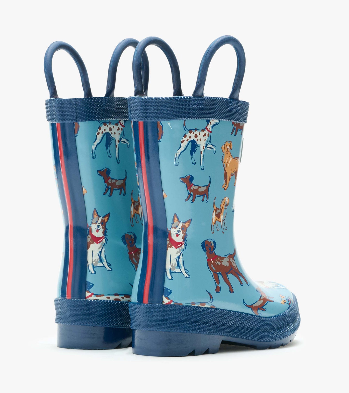 Back view of blue kids rain boots with navy handles and dog print