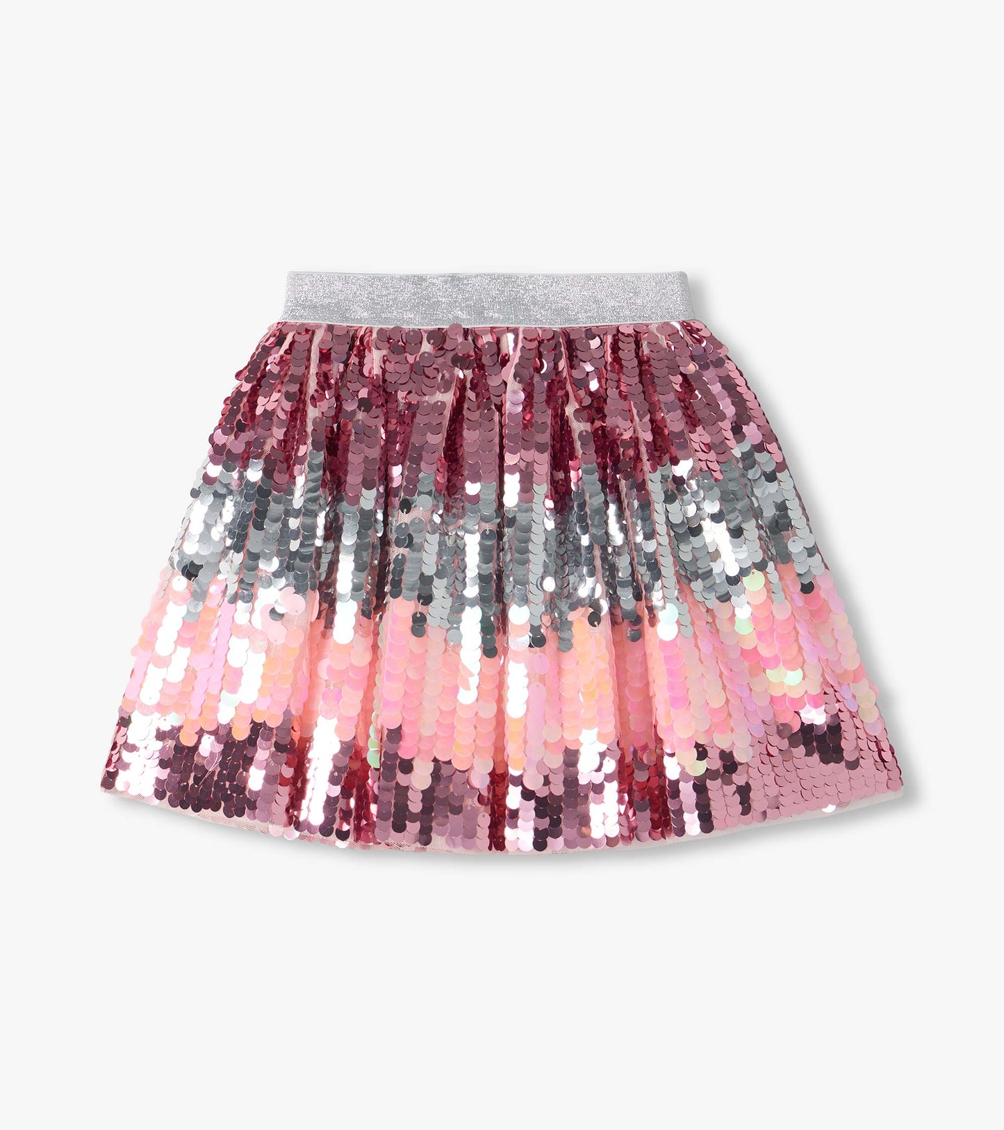 Girls flared sequin skirt with silver waistband and pink to silver gradient sequins