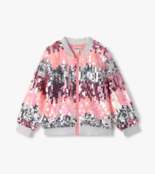 Front view of kids bomber jacket with pink to silver gradient sequins, zip front, and silver ribbed trim
