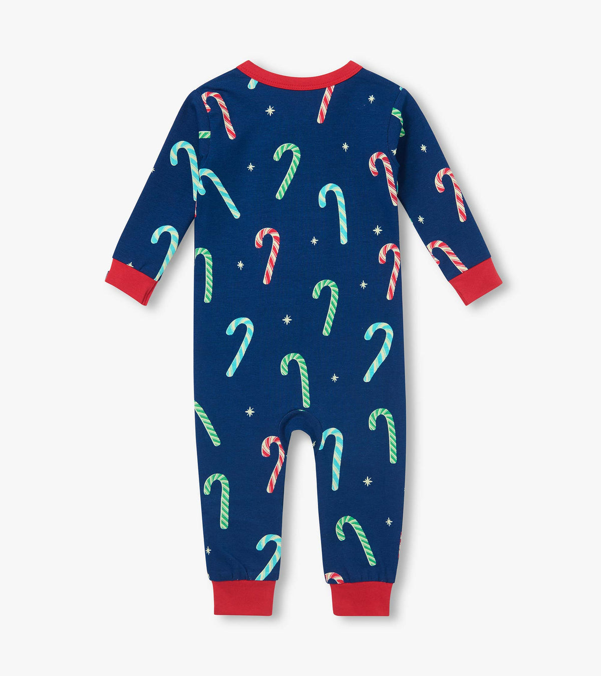 Back view of blue baby sleeper with multicolor candy cane print and red cuffs
