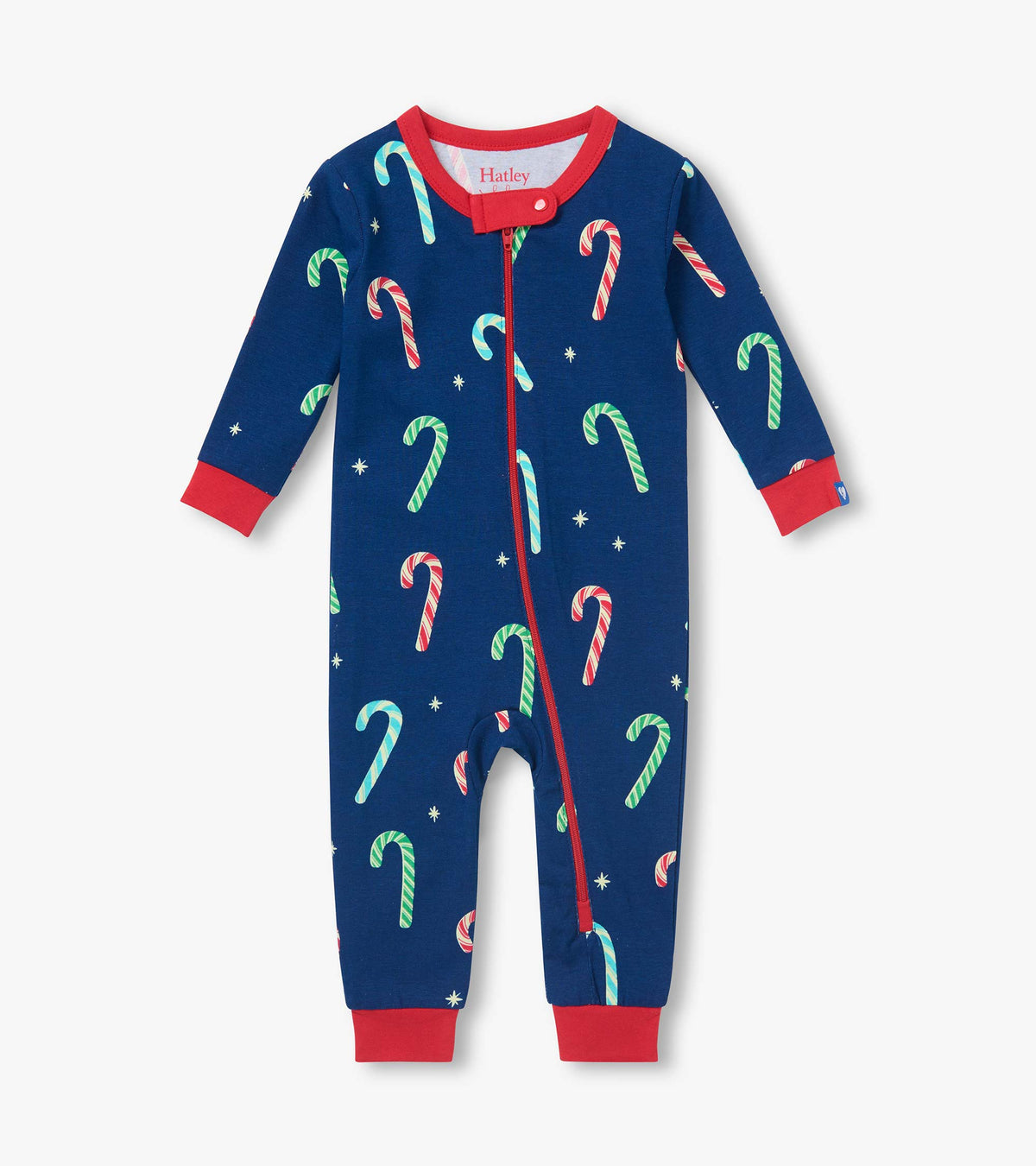 Front view of blue baby sleeper with multicolor candy cane print, red trim, and asymmetrical zip closure