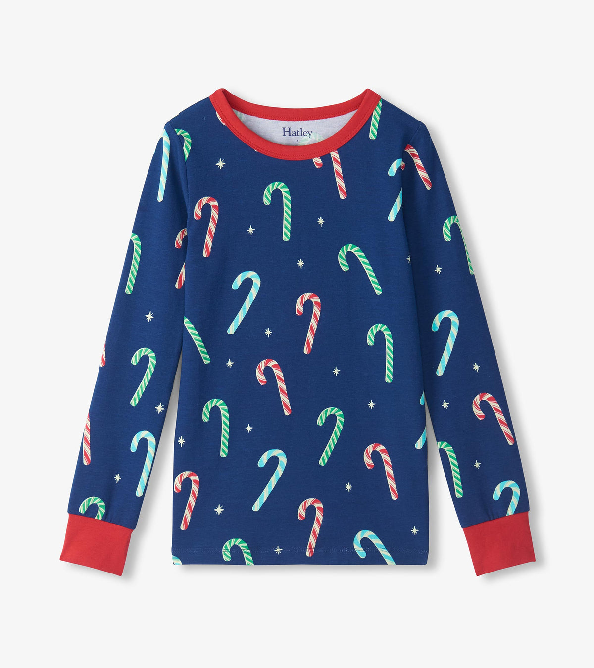 Boys blue long-sleeve pajama top with red crew neck and cuffs, covered in colorful candy canes