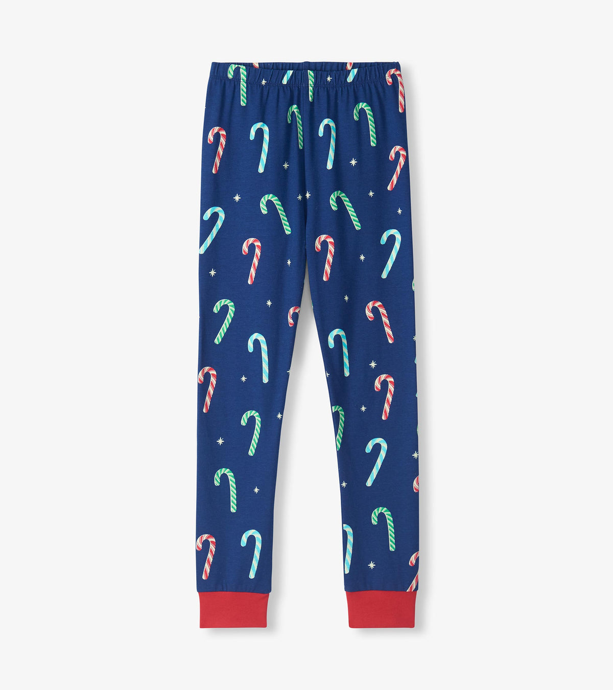 Boys blue pajama pants with colorful candy cane print, elastic waist and red ankle cuffs