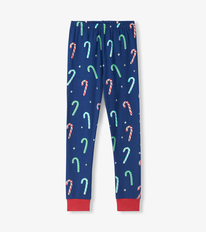 Boys blue pajama pants with colorful candy cane print, elastic waist and red ankle cuffs
