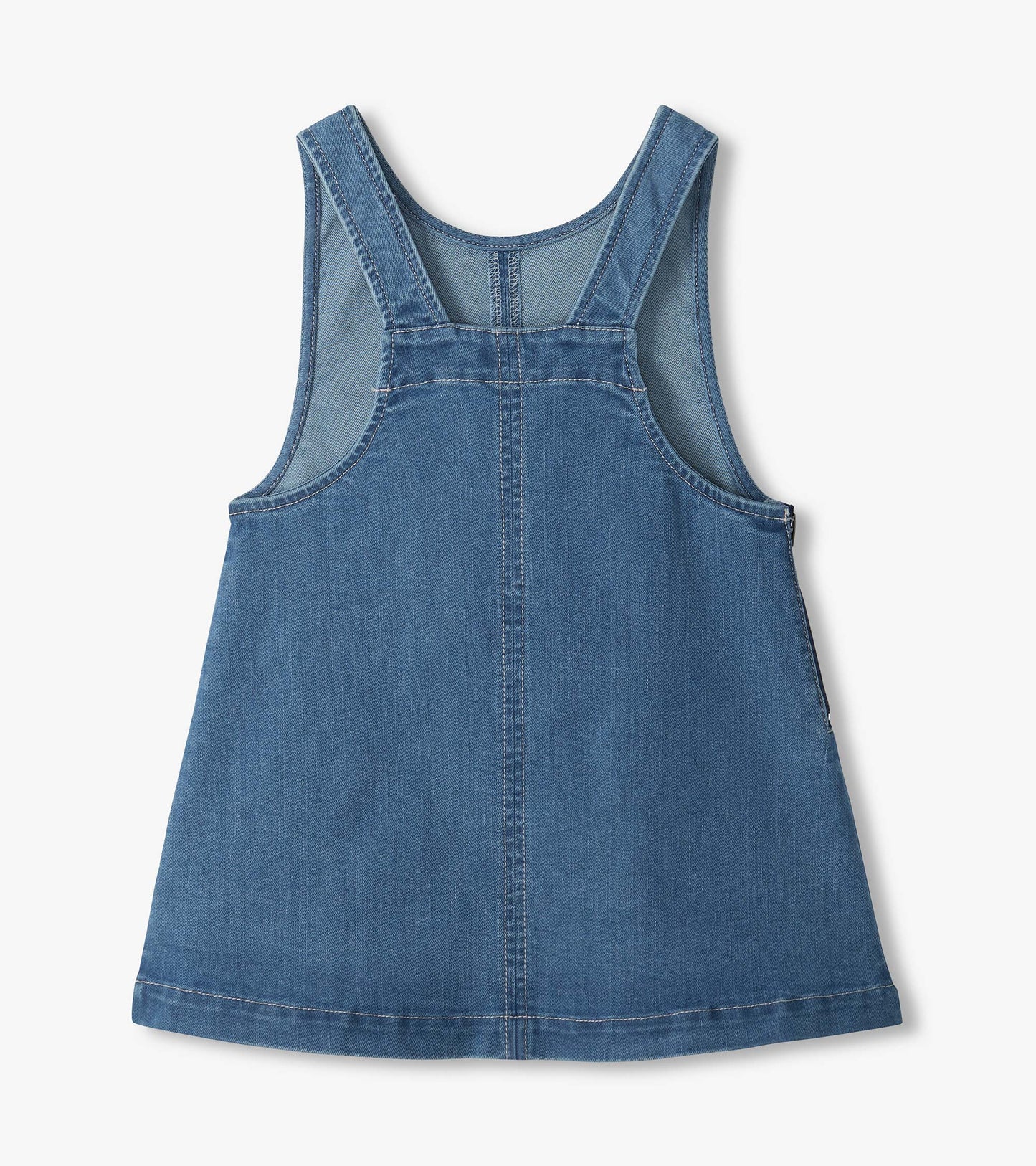 Back of blue pinafore dress with racerback straps, center seam, and side zipper detail