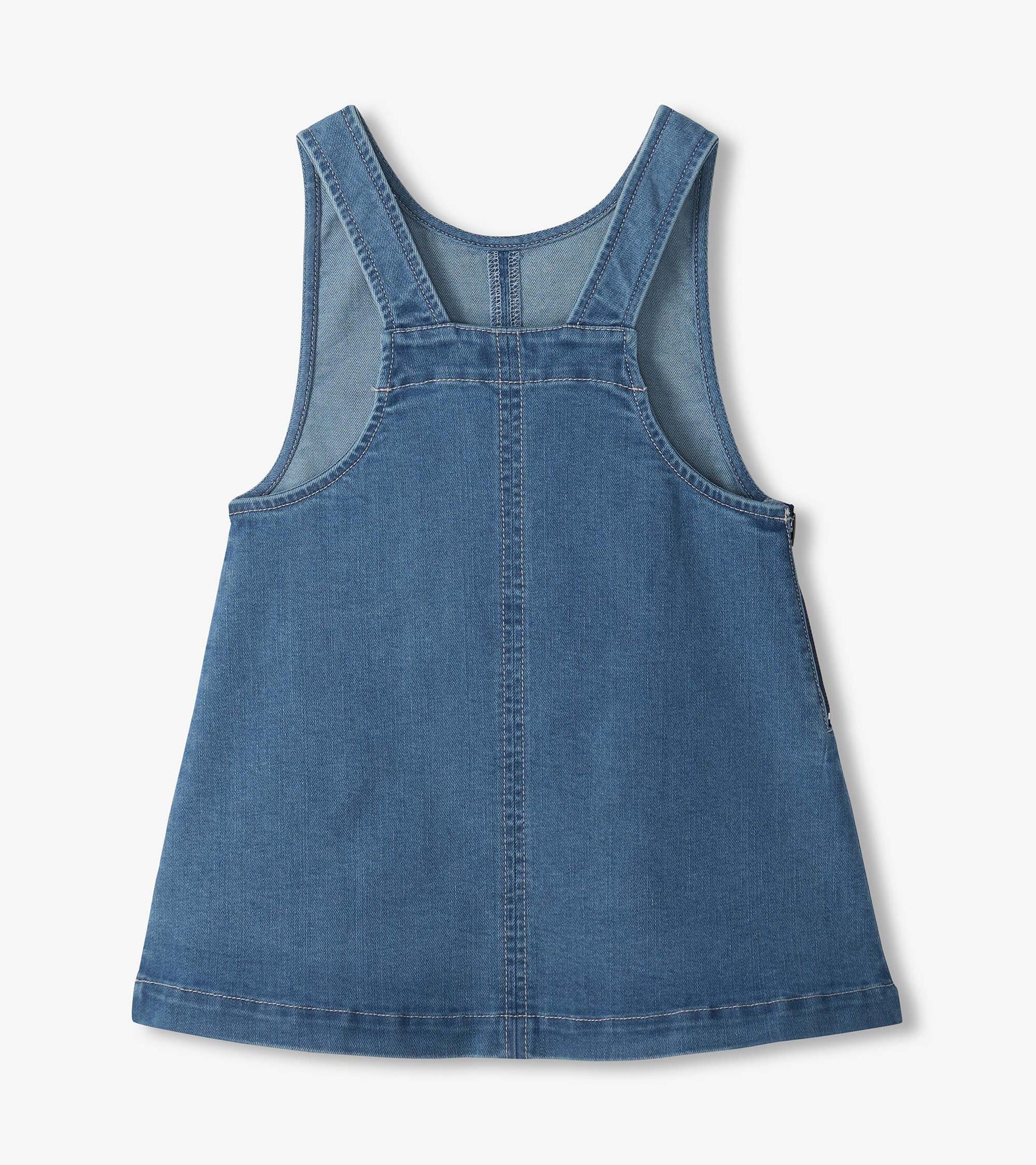 Back of blue pinafore dress with racerback straps, center seam, and side zipper detail