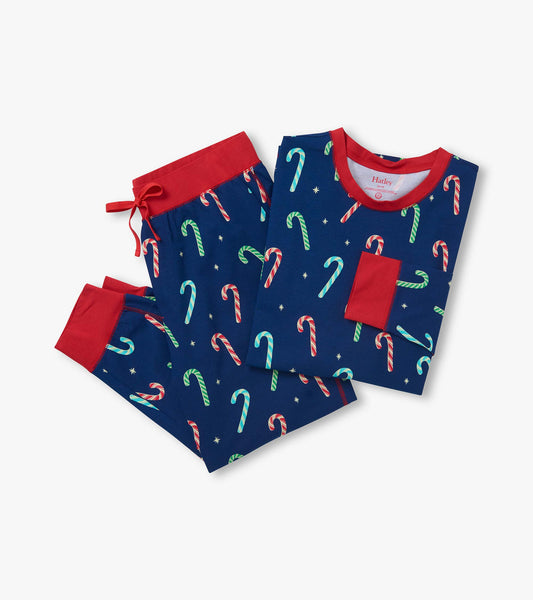 Blue pajama set with multicolor candy cane print, red trim, and drawstring waistband