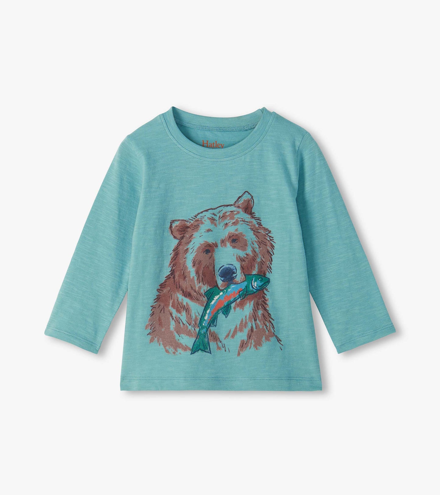 Turquoise long sleeve crew neck tee with a grizzly bear and fish graphic on the front