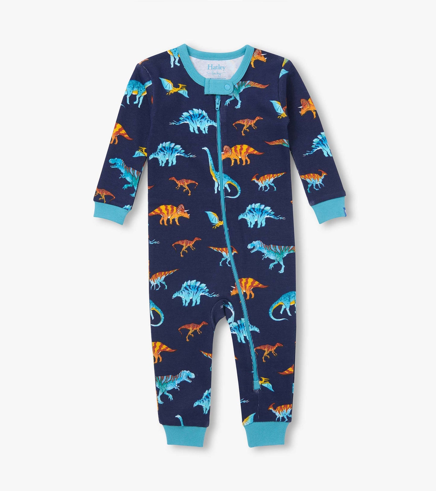 Front view of infant coverall in navy with colorful dinosaur print, teal trim, and asymmetrical zip closure