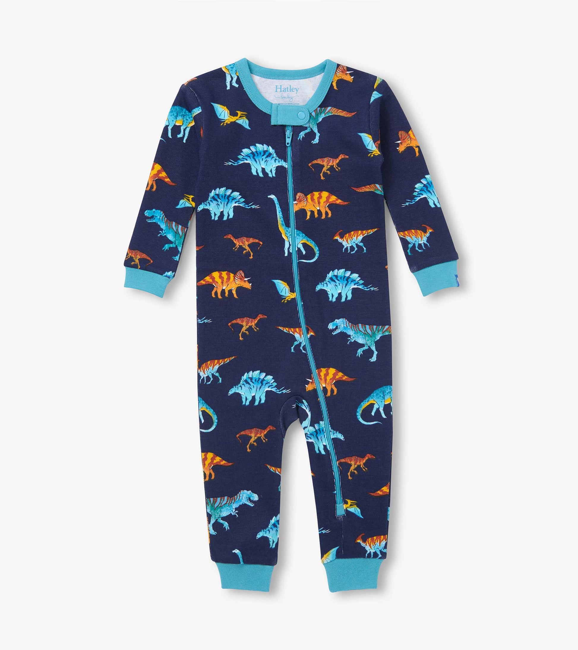 Front view of infant coverall in navy with colorful dinosaur print, teal trim, and asymmetrical zip closure