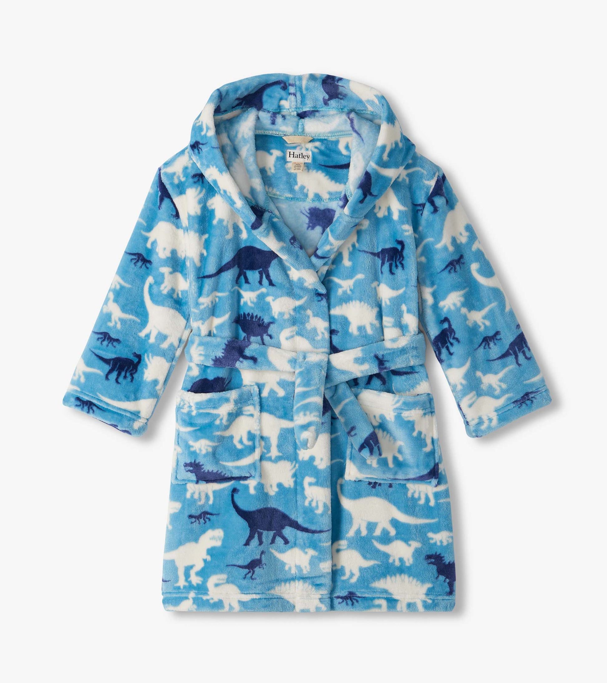 Kids blue robe with white and navy dinosaur silhouettes, shawl collar, tie belt, and front patch pockets