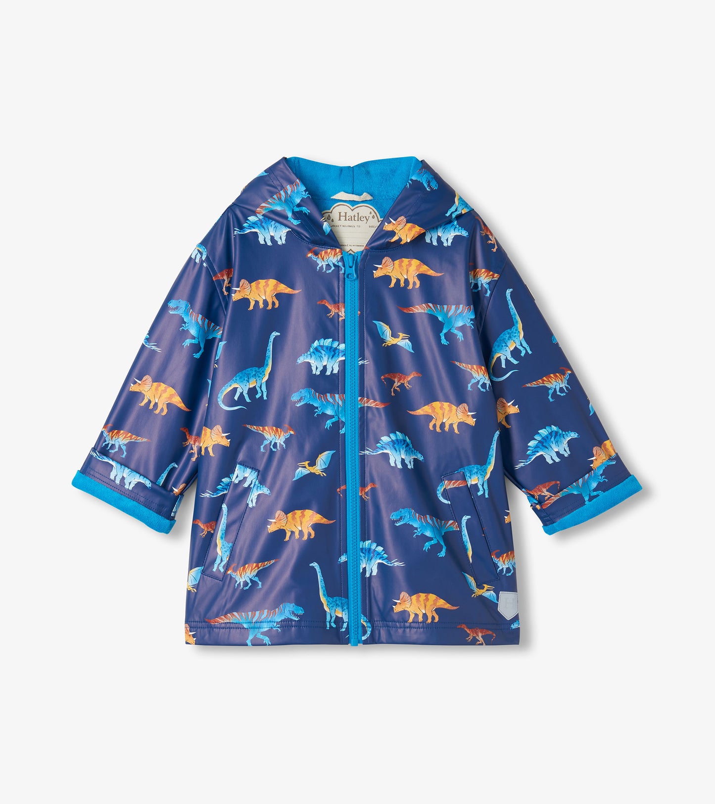 Front view of kids navy hooded rain coat with blue and orange dinosaur print and blue zipper