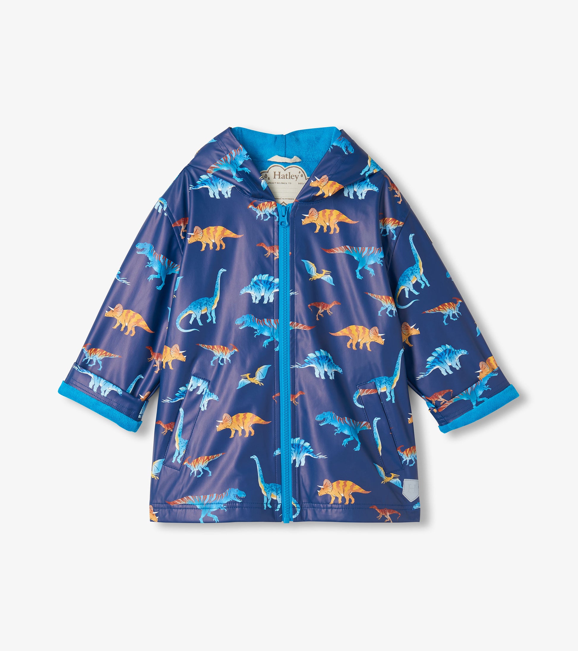 Front view of kids navy hooded rain coat with blue and orange dinosaur print and blue zipper
