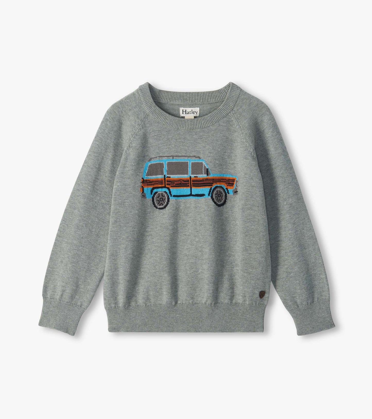 Gray crew neck sweater with a blue vintage truck graphic on the front