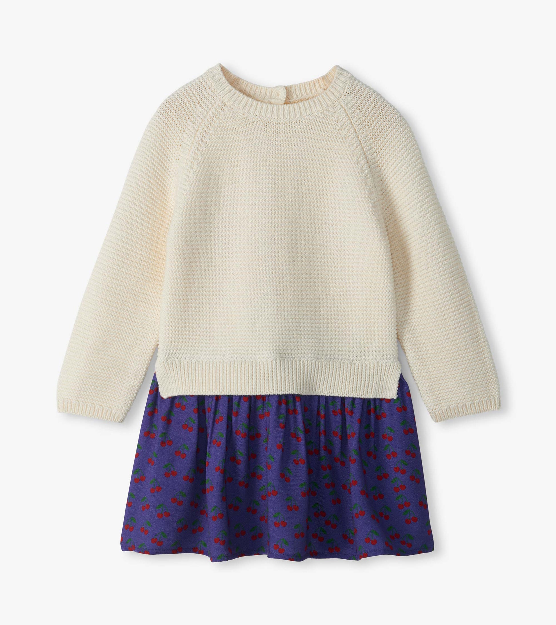 Infant mixed media dress with cream knit sweater top and purple skirt with red cherry print