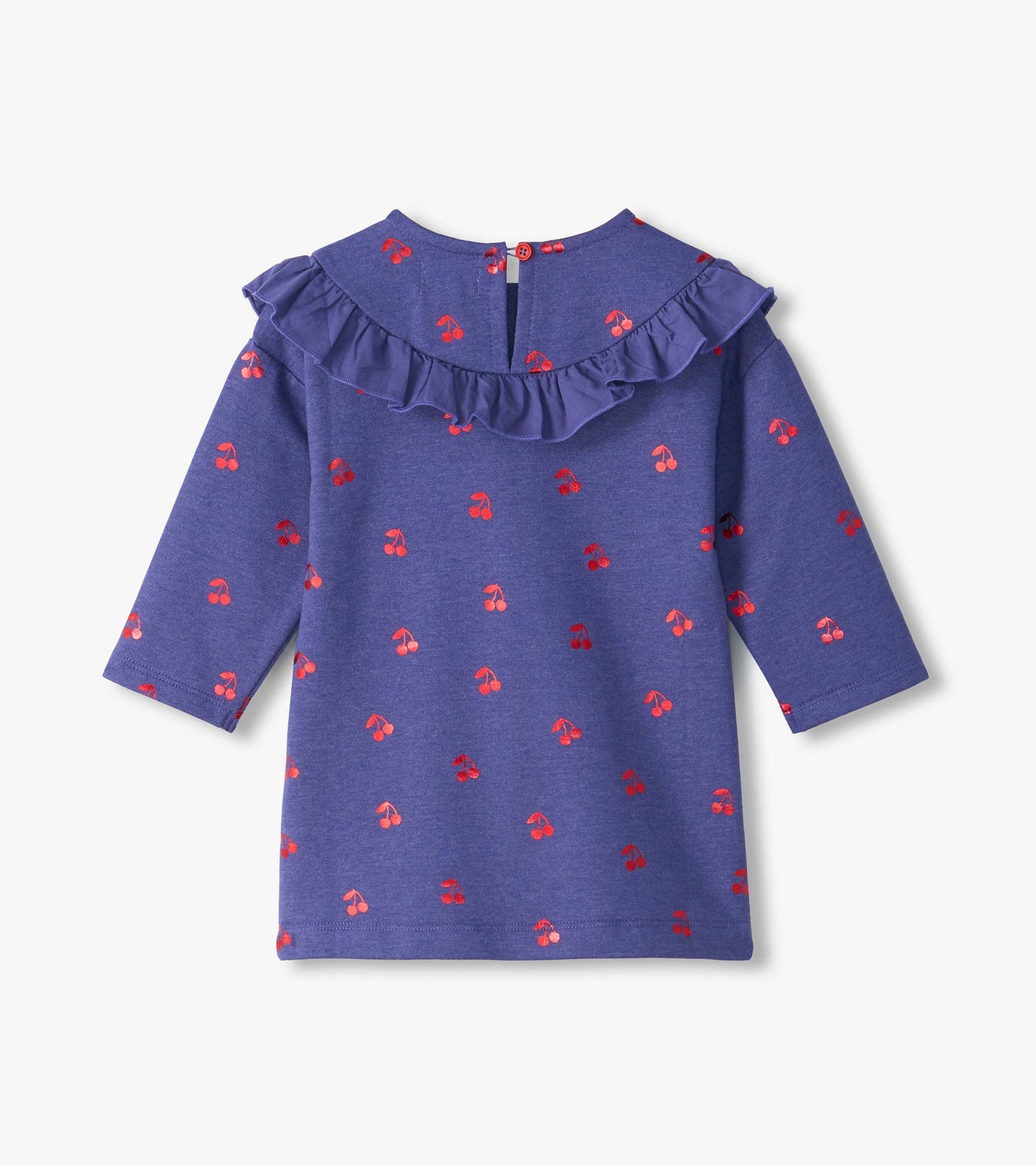 Back view of purple infant dress with red cherry print, long sleeves, ruffle yoke, and button closure