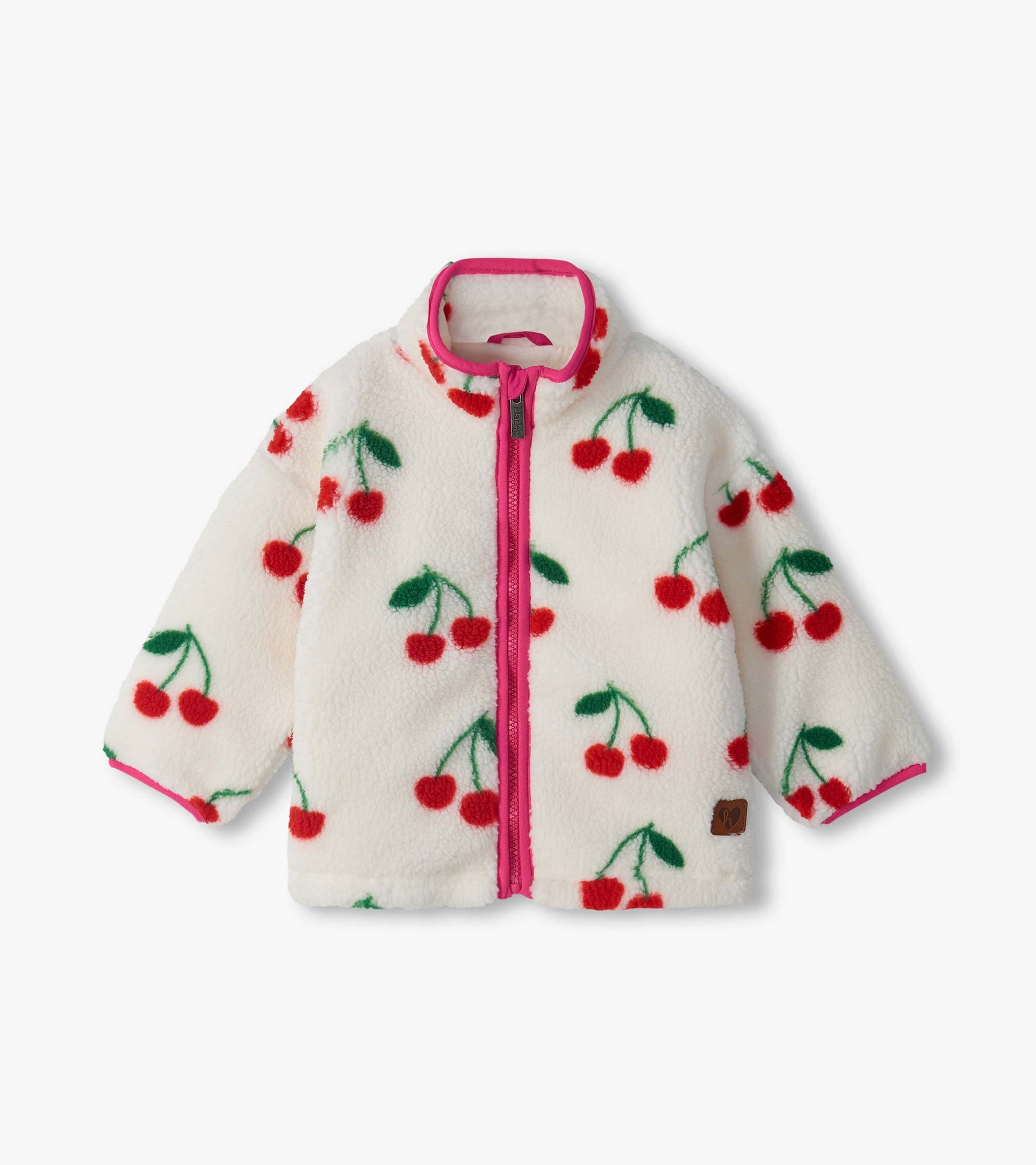 Infant mock neck jacket in cream with red cherry print, pink zipper trim, and long sleeves