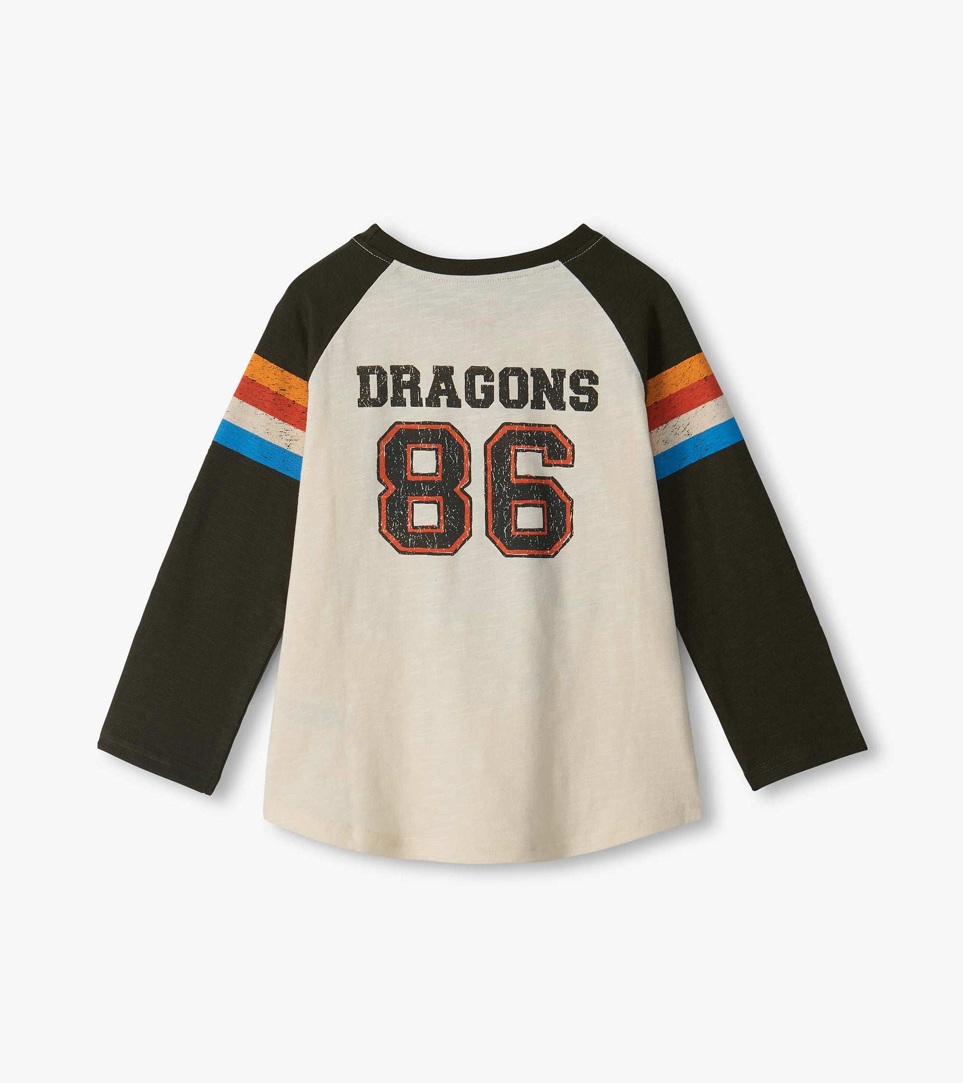 Back of kids raglan tee in cream and black with striped sleeves and Dragons 86 graphic