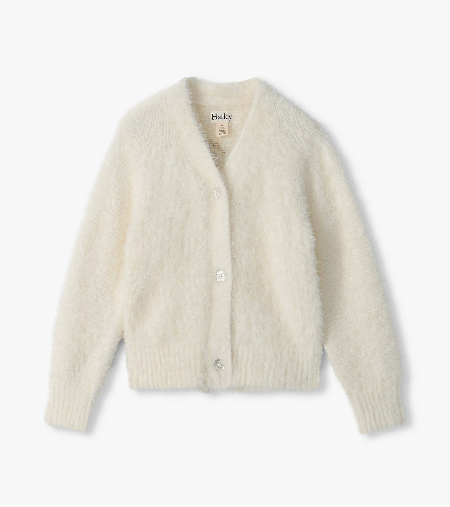 Front view of cream fuzzy cardigan with V-neck, ribbed trim, and shiny button closure