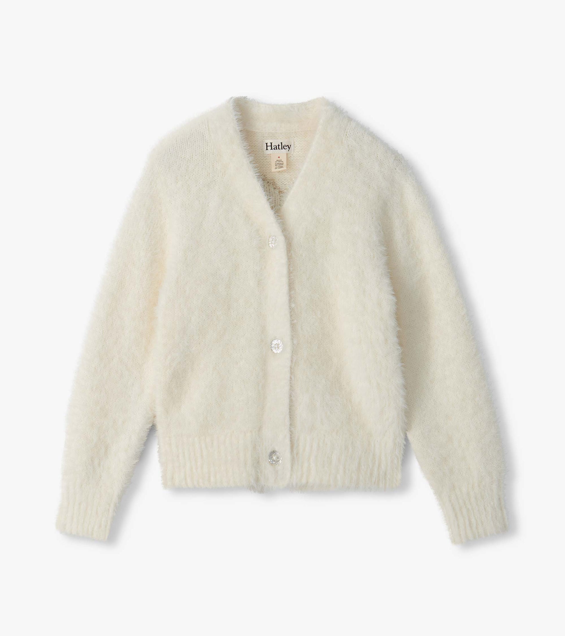 Front view of cream fuzzy cardigan with V-neck, ribbed trim, and shiny button closure