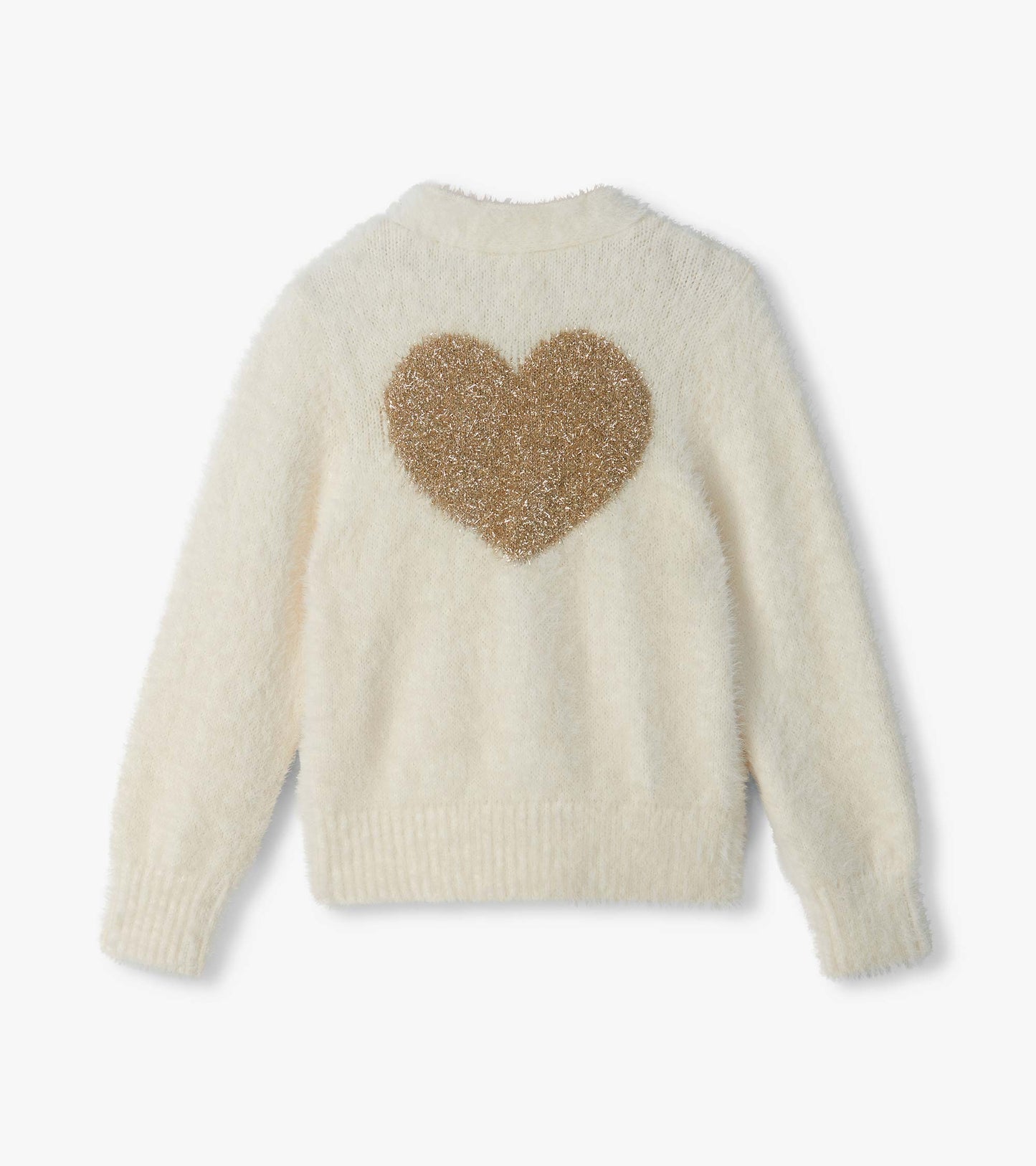 Back view of cream fuzzy cardigan with a large gold heart on the upper back