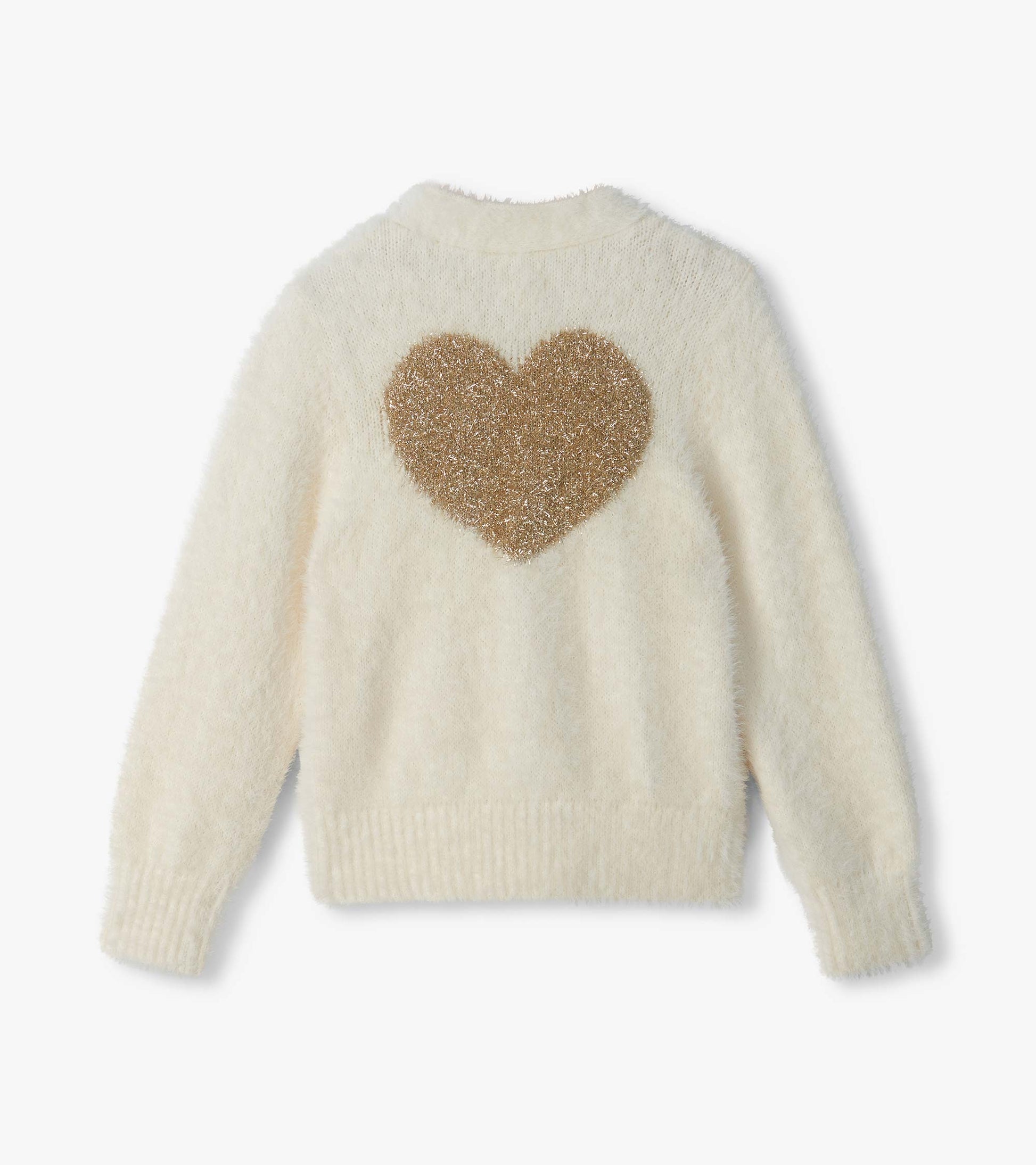 Back view of cream fuzzy cardigan with a large gold heart on the upper back