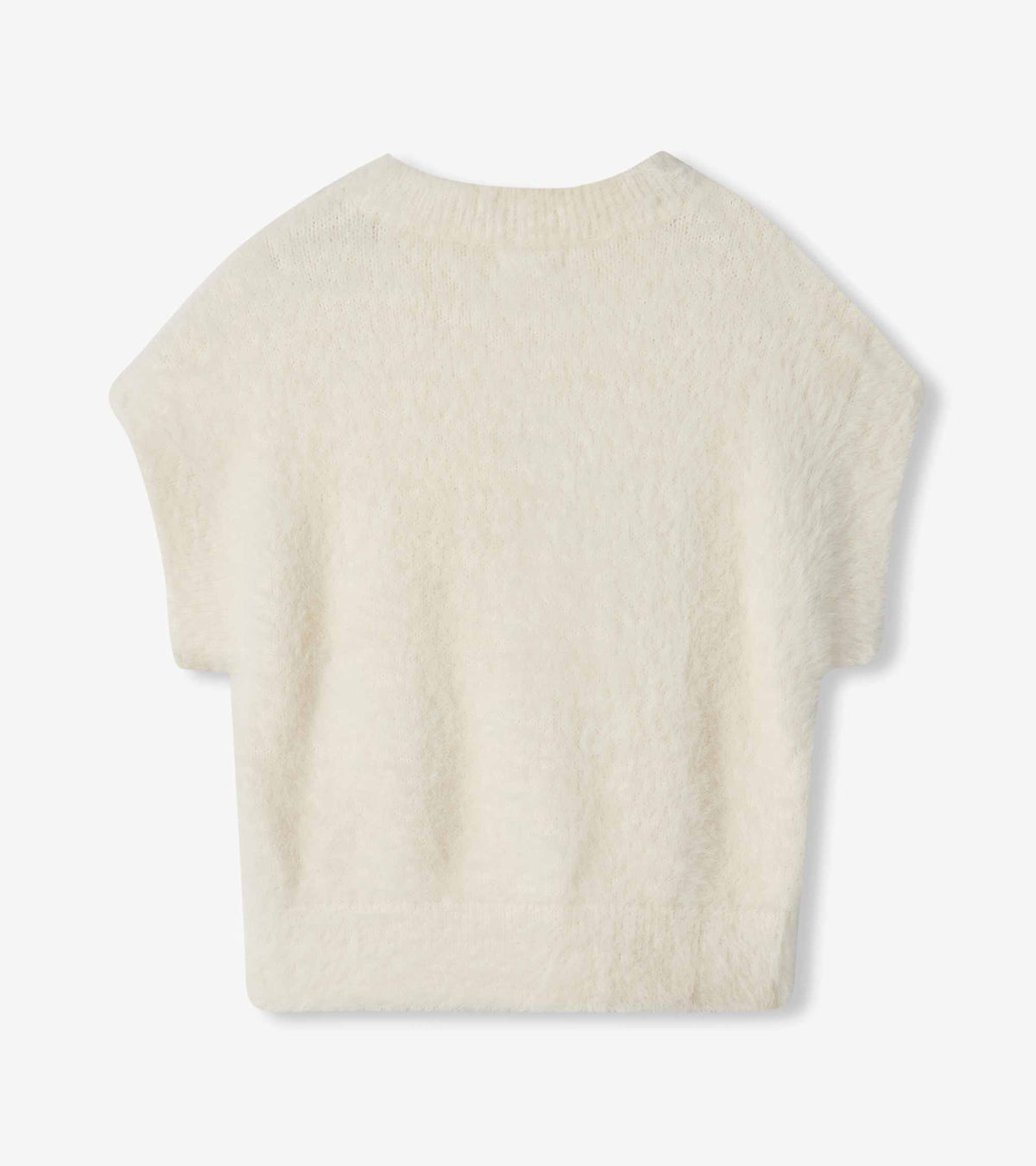 Back view of cream fuzzy sweater vest with ribbed crewneck and hem