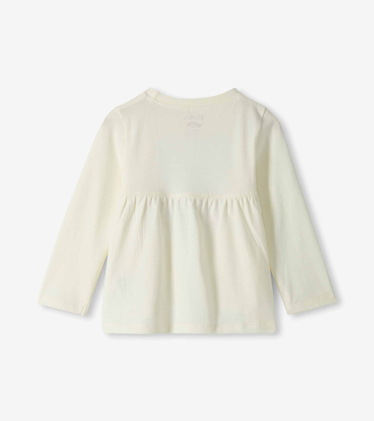 Back view of cream long-sleeve toddler T-shirt with gathered waist seam
