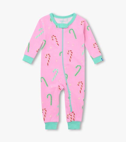 Front view of pink baby sleeper with red, green, and aqua candy cane print, aqua trim, and full zipper