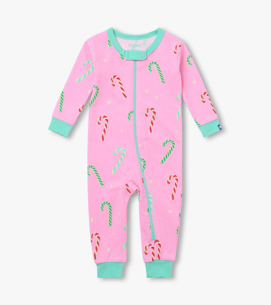 Front view of pink baby sleeper with red, green, and aqua candy cane print, aqua trim, and full zipper