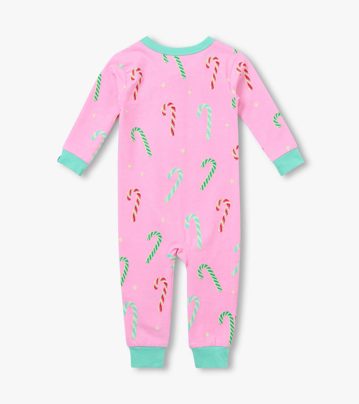 Back view of pink baby sleeper with red, green, and aqua candy cane print and aqua cuffs