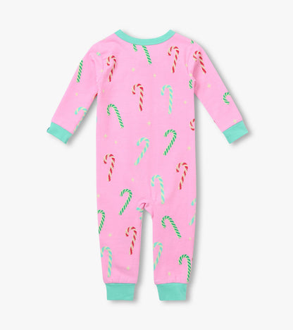 Back view of pink baby sleeper with red, green, and aqua candy cane print and aqua cuffs