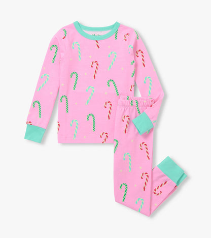 Girls pink pajama set with candy cane print, mint trim, long-sleeve top and matching fitted pants
