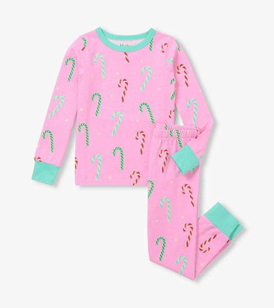 Girls pink pajama set with candy cane print, mint trim, long-sleeve top and matching fitted pants