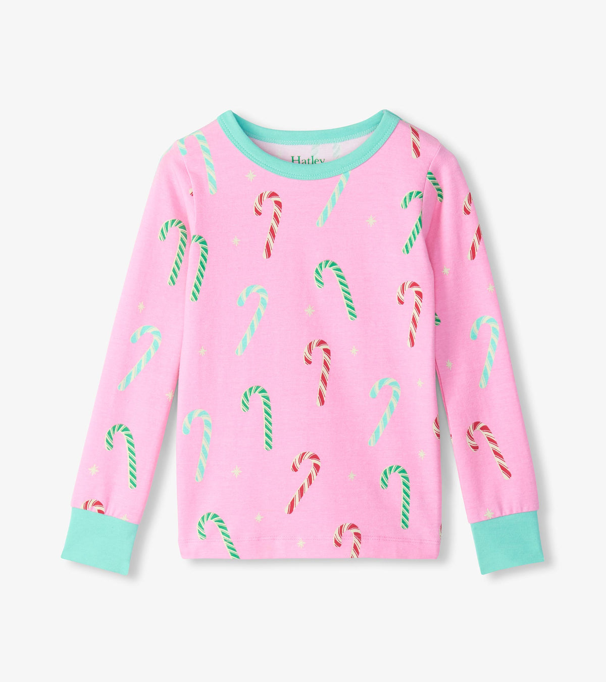 Girls pink long-sleeve pajama top with red, green and mint candy cane print and mint cuffs