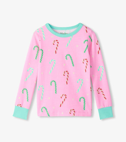 Girls pink long-sleeve pajama top with red, green and mint candy cane print and mint cuffs