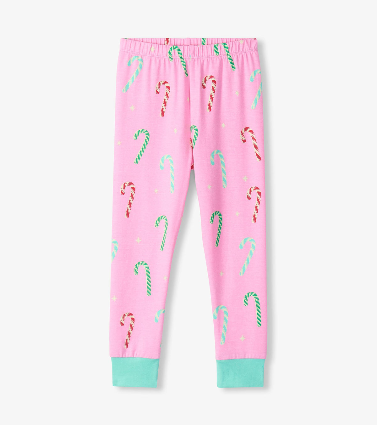 Girls pink fitted pajama pants with red, green and mint candy cane print and mint ankle cuffs