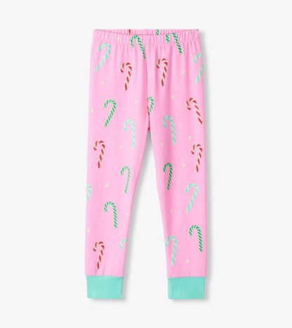 Girls pink fitted pajama pants with red, green and mint candy cane print and mint ankle cuffs