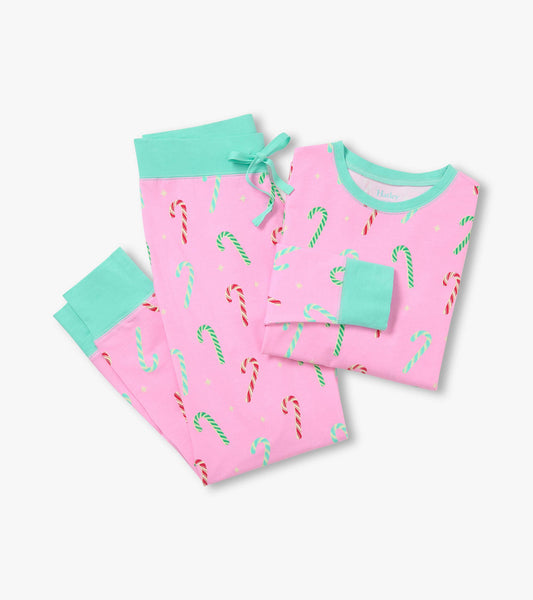 Pink candy cane print pyjama set with mint trim, folded top and drawstring pants