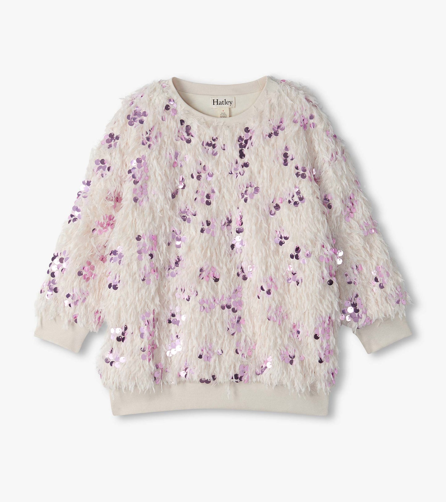 Cream pullover with shaggy feather-like texture, pink sequins, and ribbed collar, cuffs, and hem