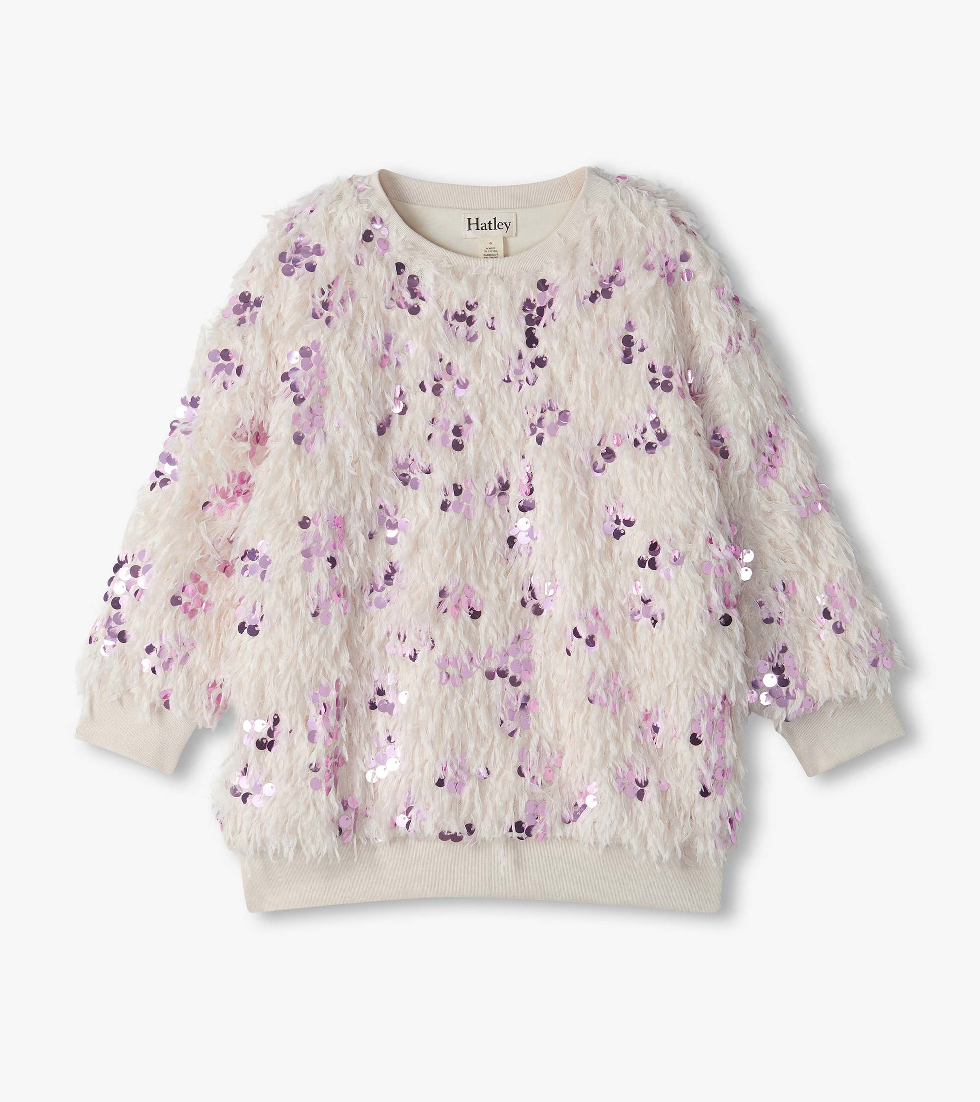 Cream pullover with shaggy feather-like texture, pink sequins, and ribbed collar, cuffs, and hem