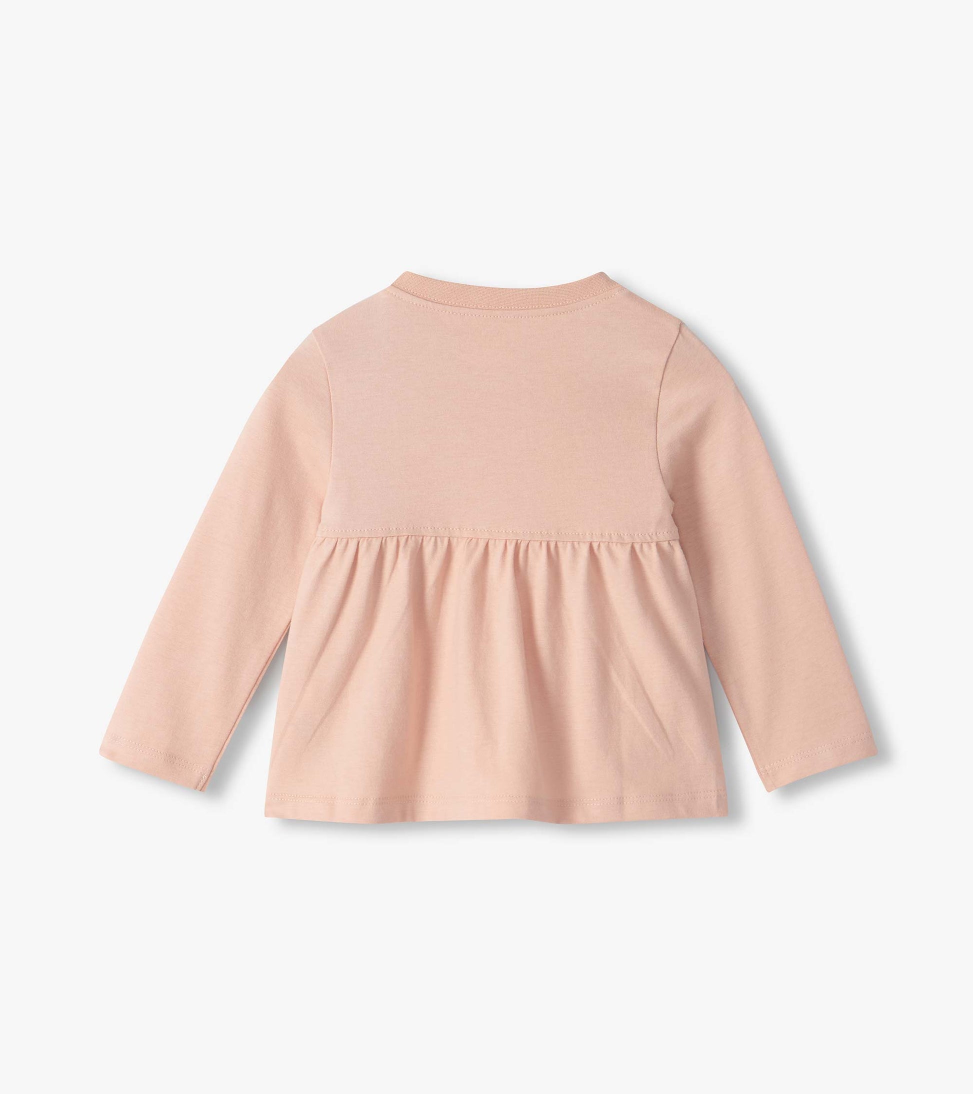 Back view of infant pink long sleeve tee with gathered back yoke